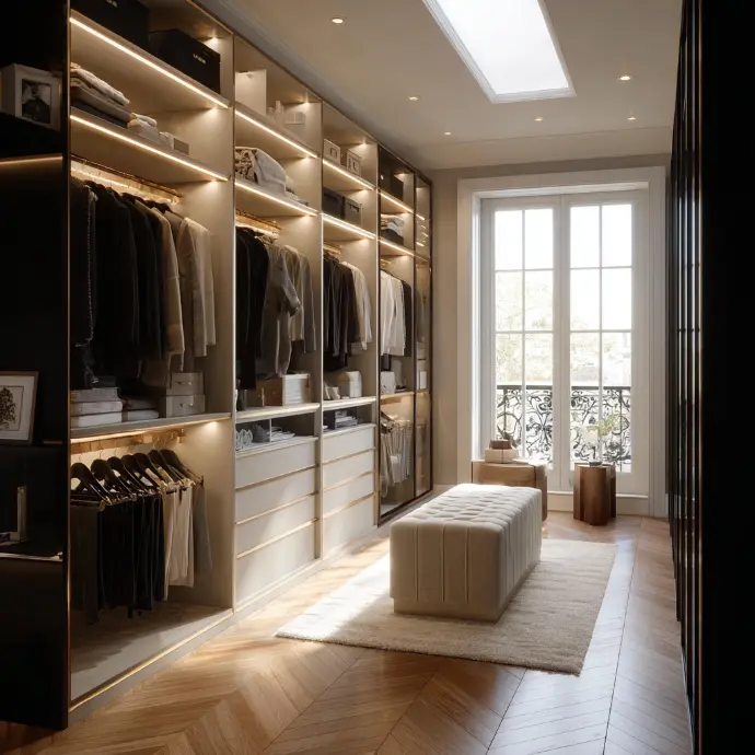 Dressing haut de gamme, parfaitement organisé, avec rangements sur mesure, éclairage LED intégré et palette neutre élégante. Vêtements soigneusement triés sur cintres, tiroirs et étagères, banc central et parquet en point de Hongrie. Lumière naturelle et ambiance “boutique privée” — idéal pour illustrer un tri de garde-robe premium / service de personal styling.