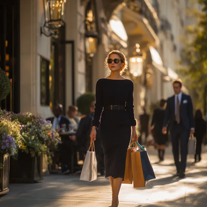 Photo ultra réaliste d’une scène de shopping luxe à Paris, avenue Montaigne, à l’heure dorée. Une femme élégante en robe noire et lunettes de soleil marche d’un pas assuré avec plusieurs sacs de shopping, devant des façades haussmanniennes, lampadaires et vitrines haut de gamme. Arrière-plan flou avec passants et terrasses, ambiance “editorial” premium, lumière chaude et raffinée.
