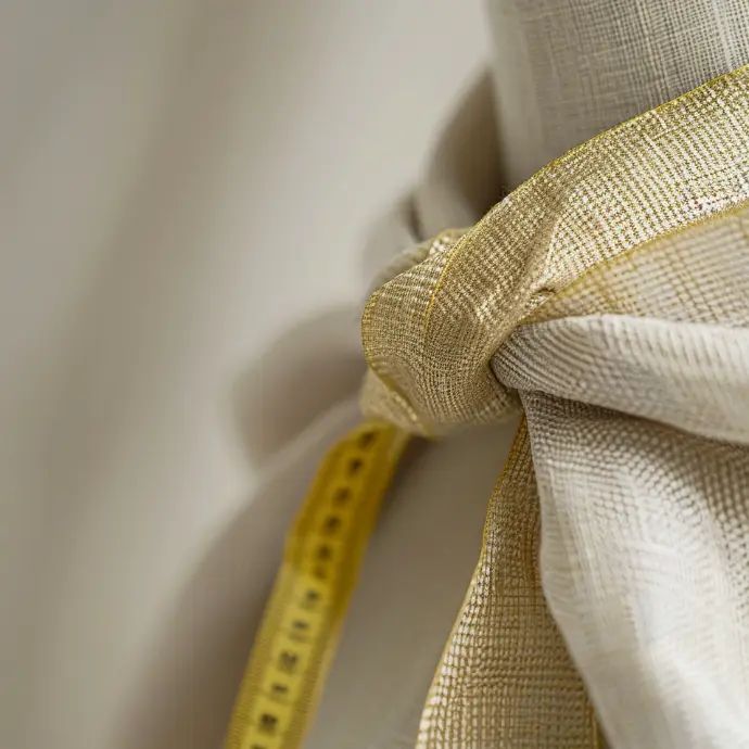 Close-up editorial photo of a beige linen garment with a gold ribbon detail and a yellow measuring tape, evoking Paris couture craftsmanship and premium fashion consultation in a soft, minimal studio setting