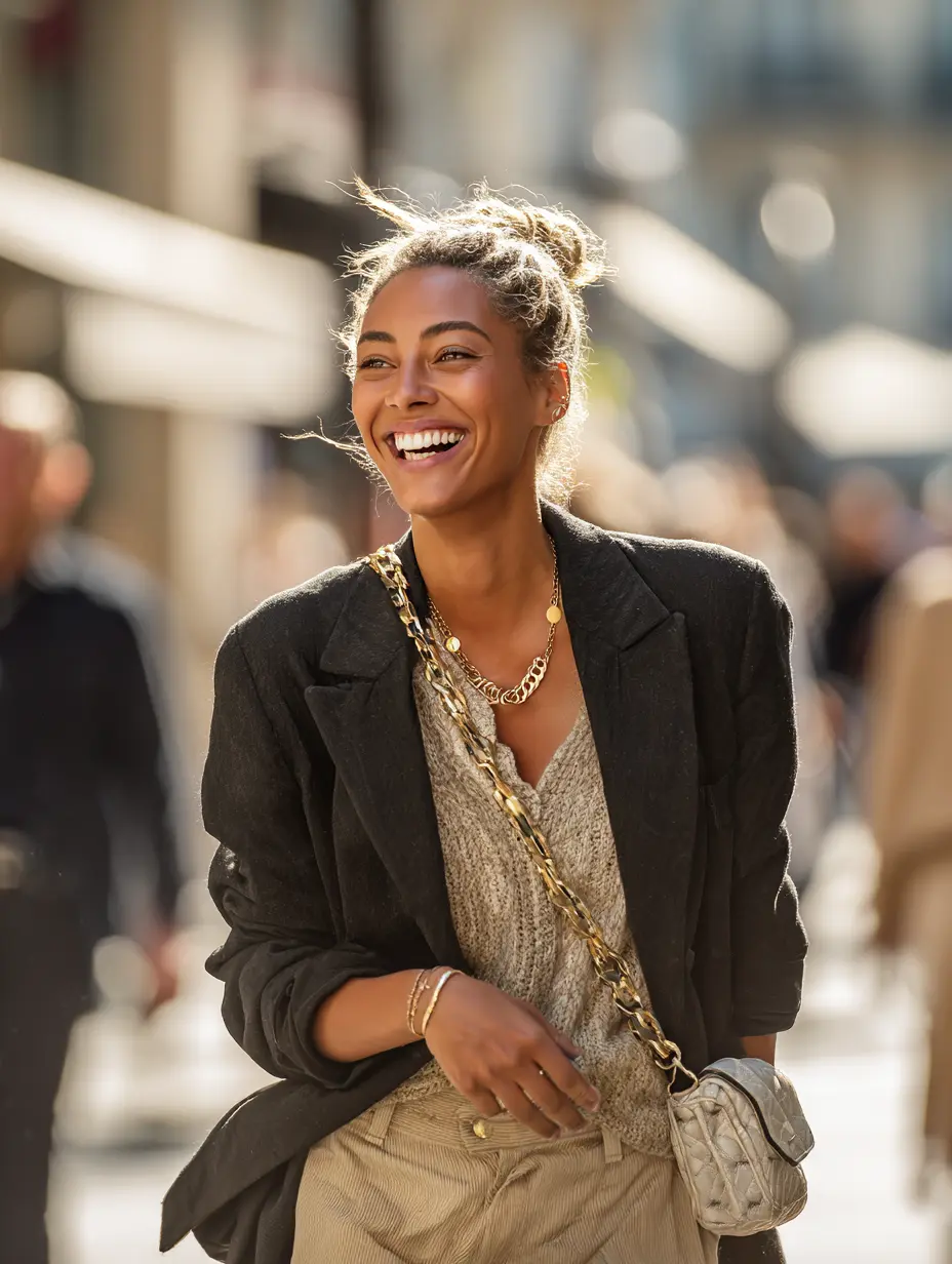 Paris Style Consult Photo ultra réaliste en lumière naturelle à Paris : une femme élégante rit spontanément en marchant en ville. Tenue chic et neutre (beige / gris), bijoux dorés et sac discret, ambiance “street style” haut de gamme avec arrière-plan flou (effet bokeh). Idéal pour illustrer un accompagnement en style / personal shopping, naturel et sur-mesure.
