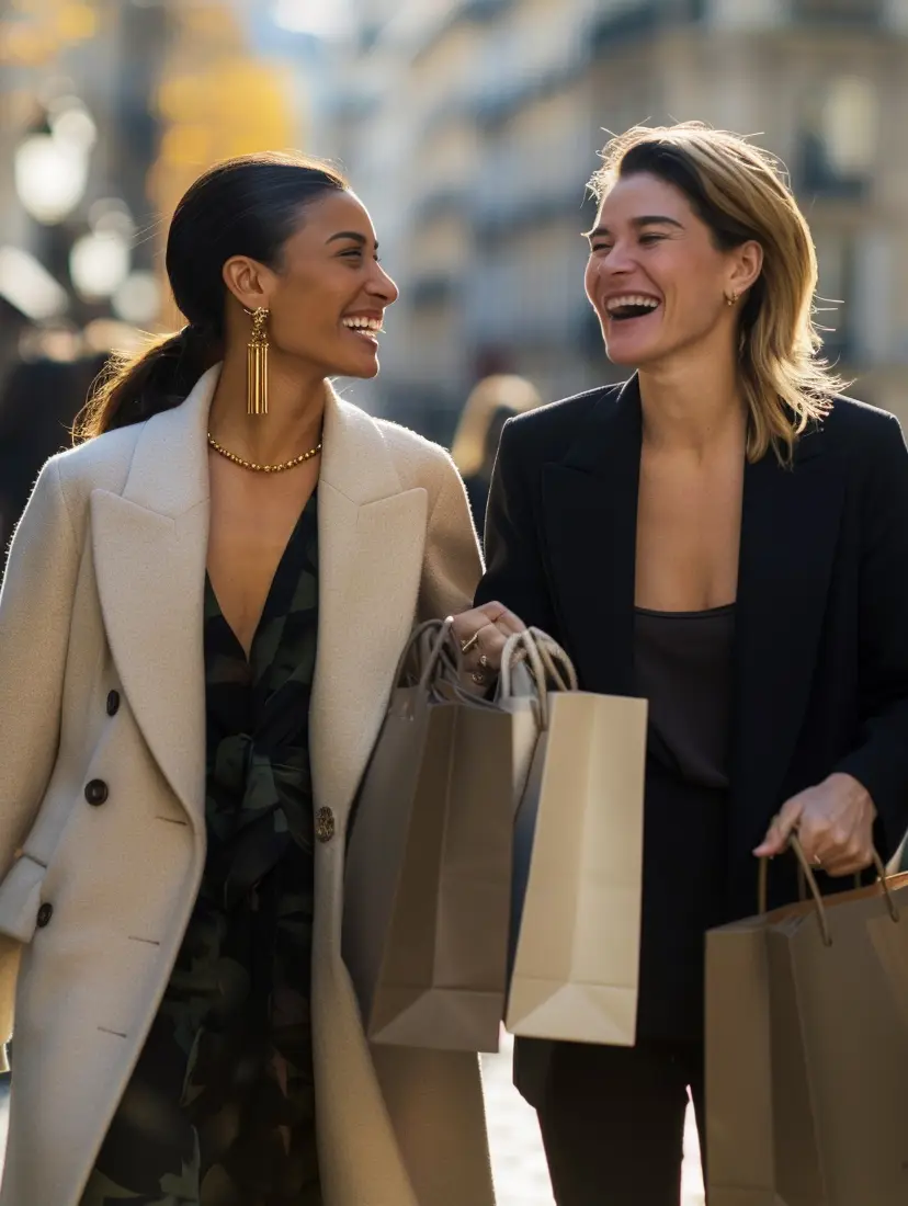 Two women laughing while luxury shopping in Paris — personal shopper & client (high-end styling). Candid high-end editorial photo in Paris: a mixed-race personal shopper and an elegant client walking and laughing together, carrying neutral shopping bags in soft golden-hour light. Premium “quiet luxury” atmosphere, discreet private styling and personal shopping experience.
