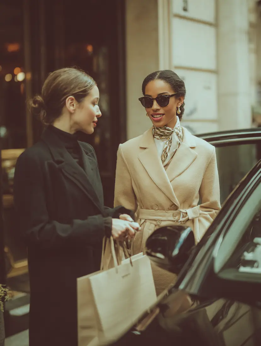 VIP styling à Paris — service privé & discret Deux femmes élégantes devant une boutique de luxe à Paris, à côté d’une voiture avec chauffeur. Une styliste accompagne sa cliente avec discrétion : conseils, sélection curatée et coordination premium, dans une ambiance “concierge” haut de gamme.